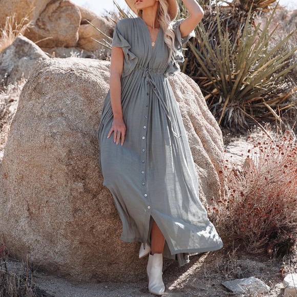 Heather Grey Boho Gauze Button Front Flutter Sheer Maxi Dress W/Adjustable Waist - Picture 2 of 9